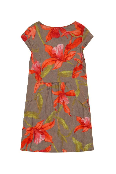 Leinenkleid kurzarm taupe mit Blumenmuster