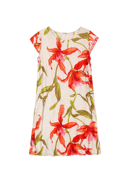 Leinenkleid kurzarm beige mit Blumenmuster