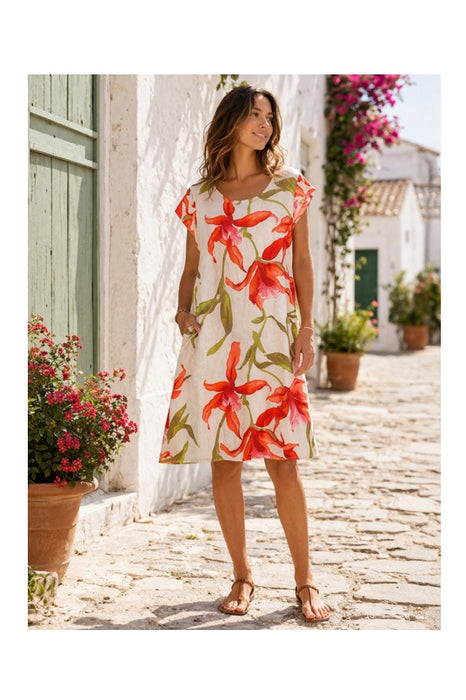 Leinenkleid kurzarm beige mit Blumenmuster