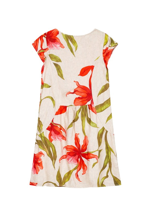Leinenkleid kurzarm beige mit Blumenmuster