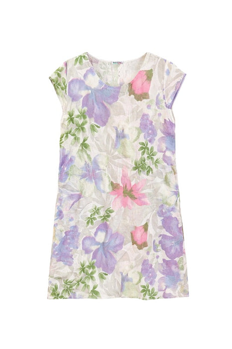 Leinenkleid kurzarm weiss mit Blumenmuster lila/rosa