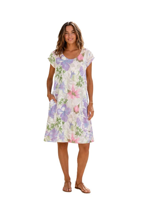 Leinenkleid kurzarm weiss mit Blumenmuster lila/rosa