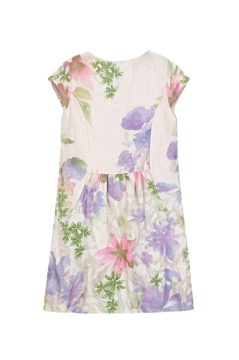 Leinenkleid kurzarm weiss mit Blumenmuster lila/rosa