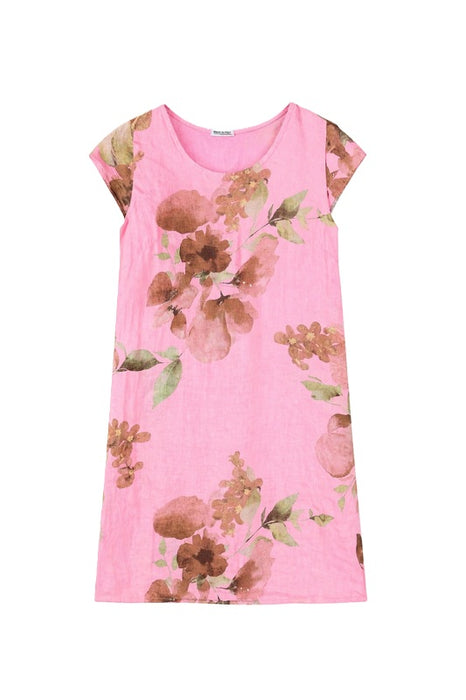 Leinenkleid kurzarm rosa mit Blumenmuster