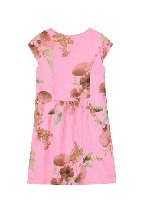 Leinenkleid kurzarm rosa mit Blumenmuster