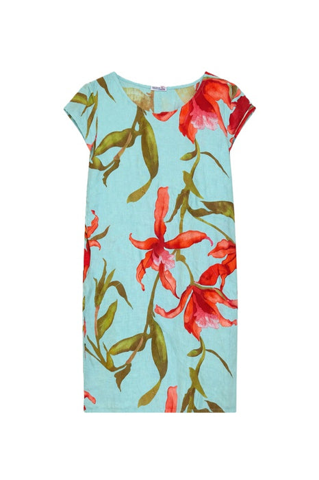 Leinenkleid kurzarm hellgrün mit Blumenmuster