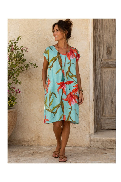 Leinenkleid kurzarm hellgrün mit Blumenmuster