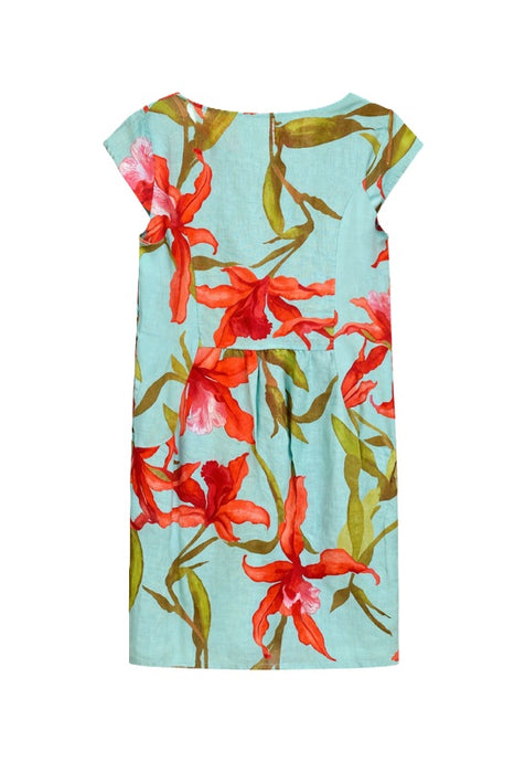 Leinenkleid kurzarm hellgrün mit Blumenmuster