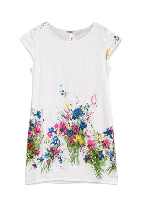 Short-sleeved white linen dress with multicoloured floral pattern