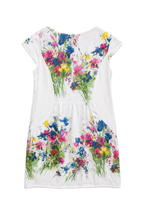 Short-sleeved white linen dress with multicoloured floral pattern
