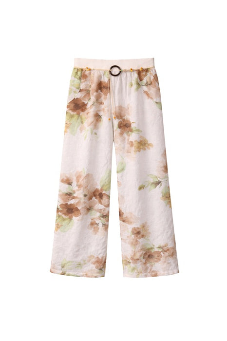 Linen trousers white with floral pattern green/brown - One Size