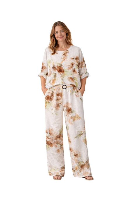 Linen trousers white with floral pattern green/brown - One Size