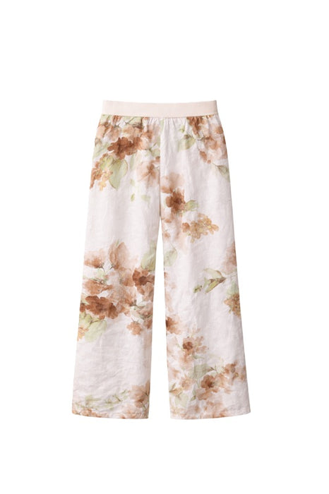 Linen trousers white with floral pattern green/brown - One Size