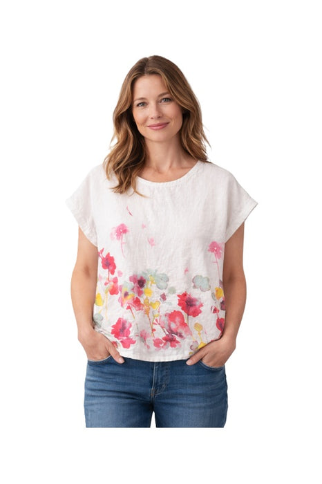 Linen top loose white with floral pattern multicolor - One Size
