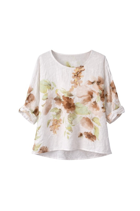 Linen top loose white with floral pattern brown/green - One Size