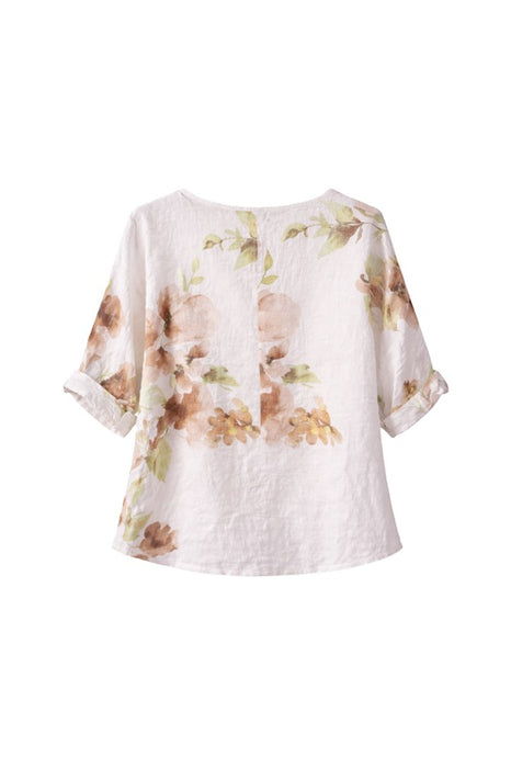 Linen top loose white with floral pattern brown/green - One Size