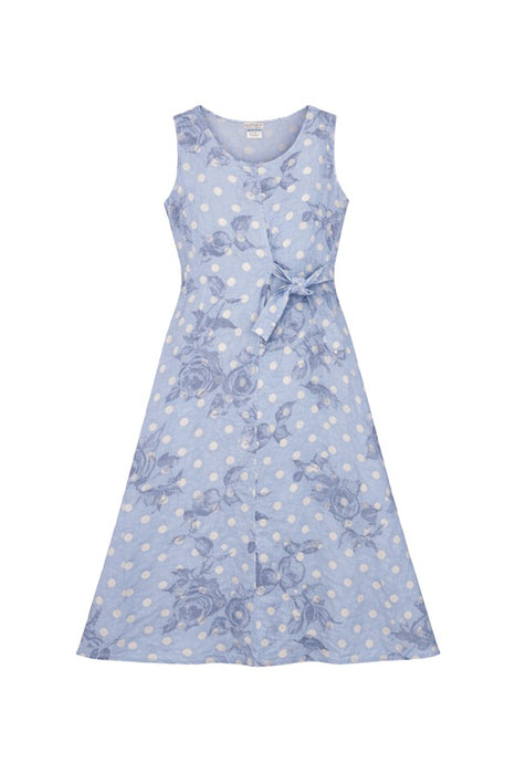 Linen dress, dark blue with white dots and dark blue flowers - One Size