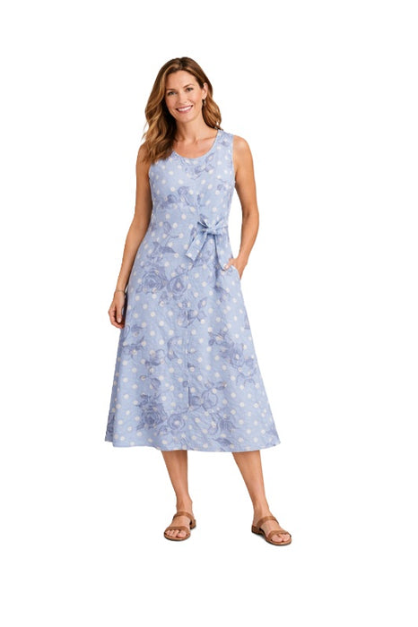 Linen dress, dark blue with white dots and dark blue flowers - One Size