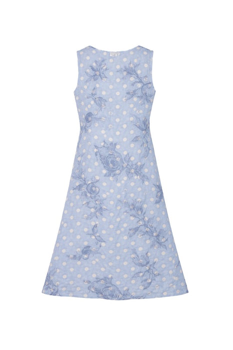 Linen dress, dark blue with white dots and dark blue flowers - One Size