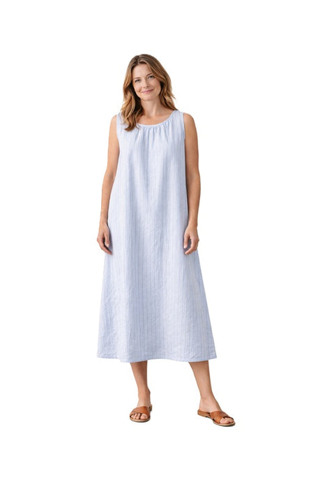 Linen dress long light blue with black stripes - One Size