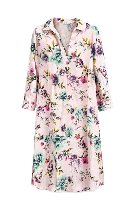 Linen dress long sleeve pink floral multi-color - One Size