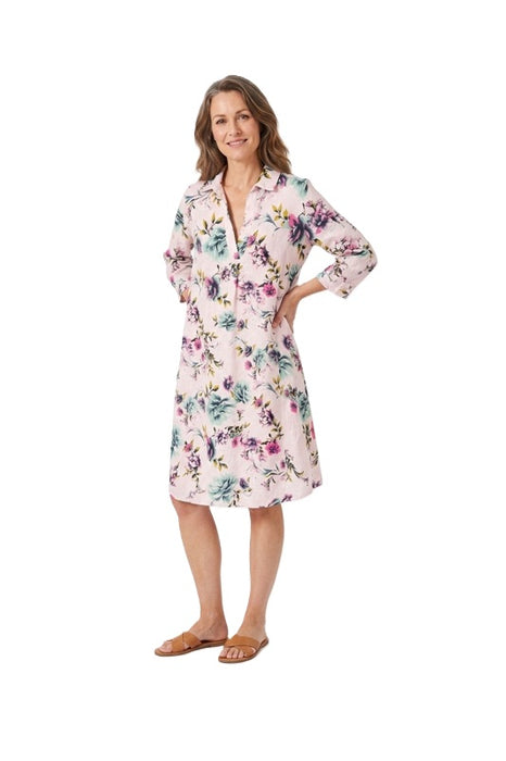Linen dress long sleeve pink floral multi-color - One Size