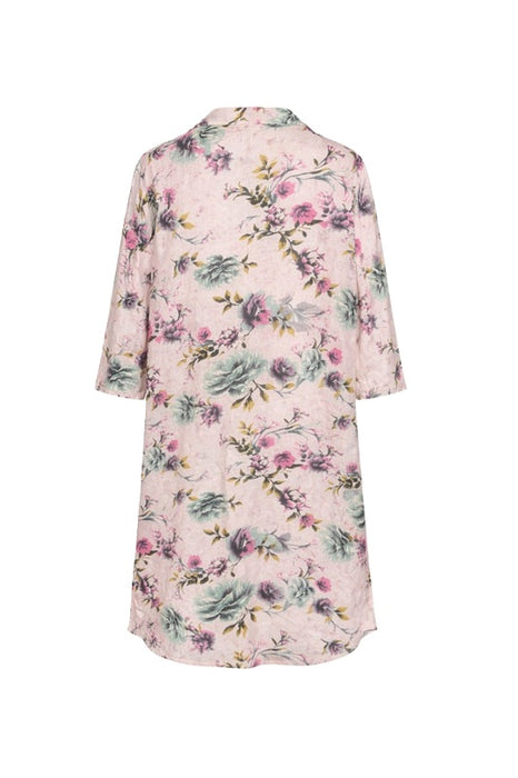 Linen dress long sleeve pink floral multi-color - One Size