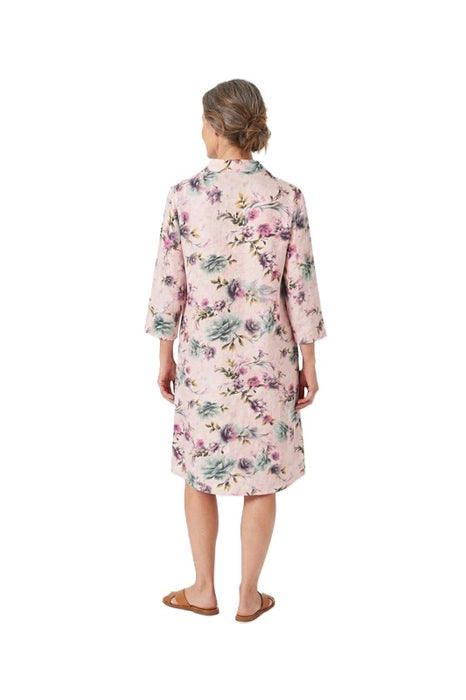 Linen dress long sleeve pink floral multi-color - One Size
