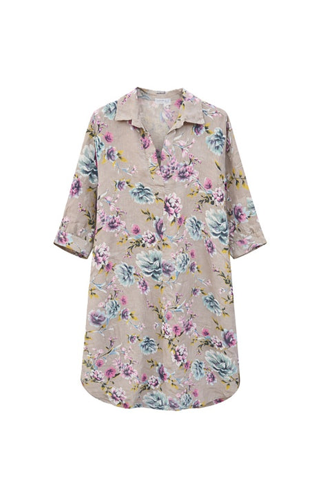 Linen dress long sleeve taupe floral pattern pink/red/green - One Size