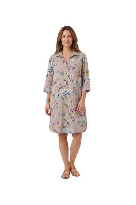 Linen dress long sleeve taupe floral pattern pink/red/green - One Size