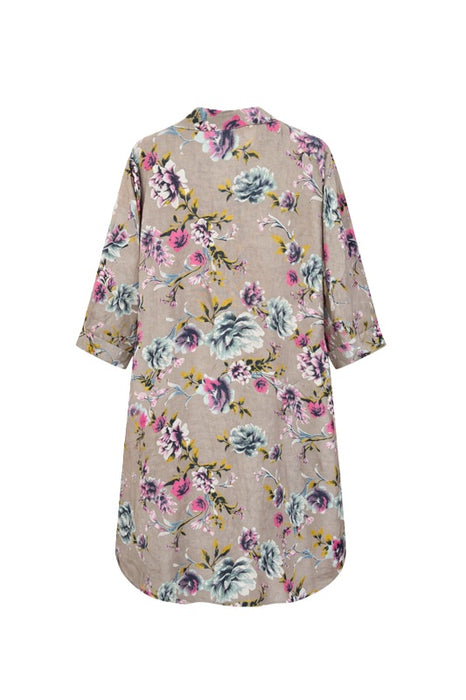 Linen dress long sleeve taupe floral pattern pink/red/green - One Size