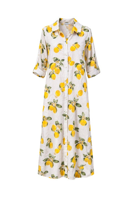 Long white linen blouse dress with lemons yellow/green - One Size