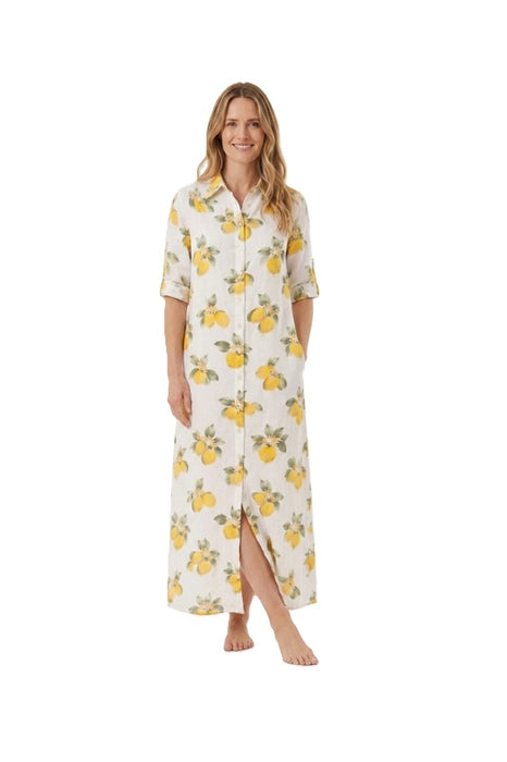 Long white linen blouse dress with lemons yellow/green - One Size