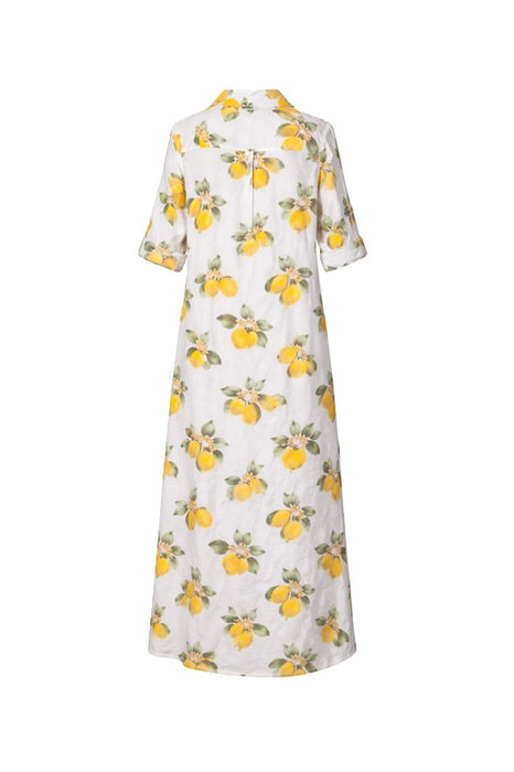 Long white linen blouse dress with lemons yellow/green - One Size