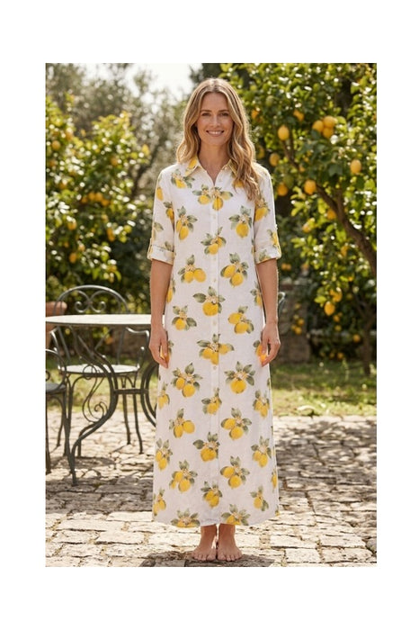 Long white linen blouse dress with lemons yellow/green - One Size