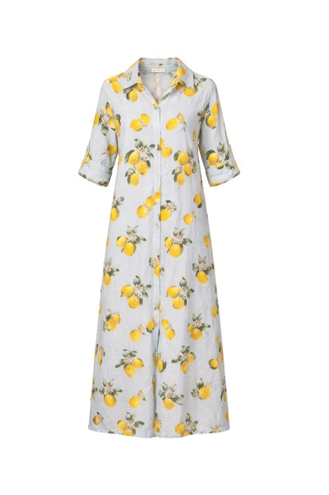 Long light blue linen blouse dress with yellow/green lemons - One Size