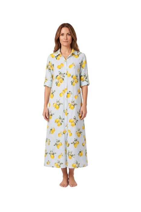 Long light blue linen blouse dress with yellow/green lemons - One Size