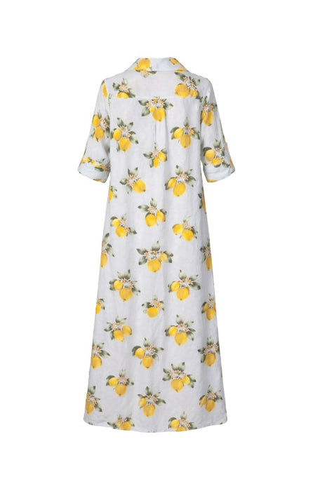 Long light blue linen blouse dress with yellow/green lemons - One Size