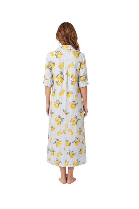 Long light blue linen blouse dress with yellow/green lemons - One Size