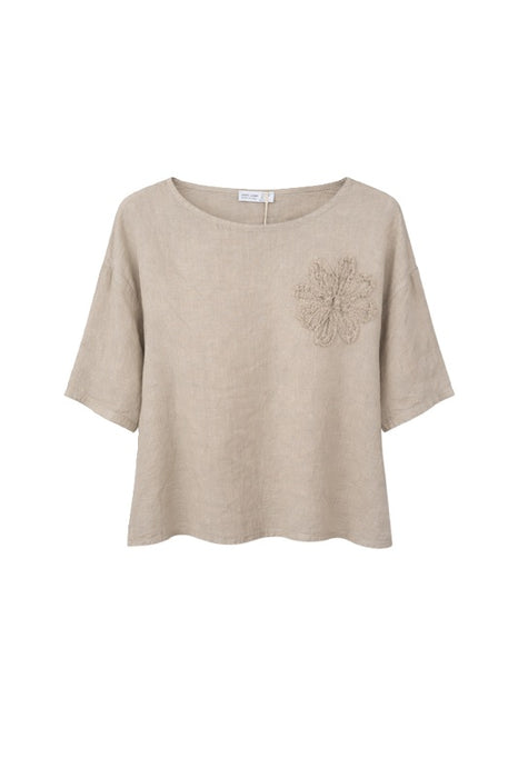 Linen top with flower taupe monochrome - One Size