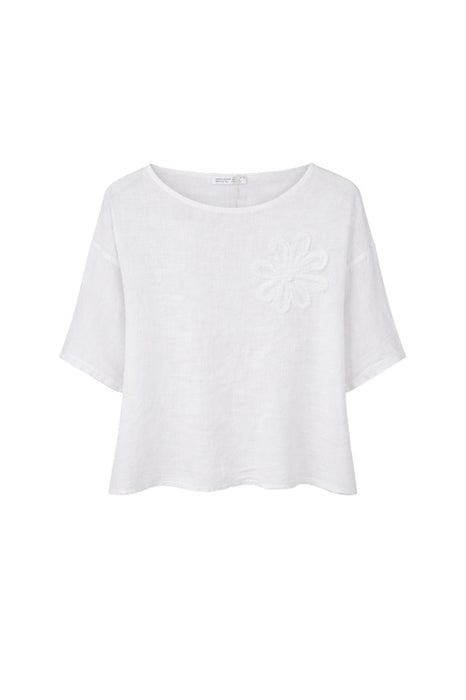 Linen Top with Flower White Monochrome - One Size