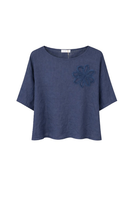 Linen top with flower navy blue monochrome - One Size