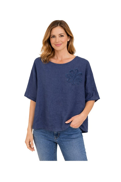 Linen top with flower navy blue monochrome - One Size