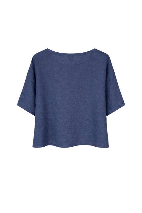 Linen top with flower navy blue monochrome - One Size