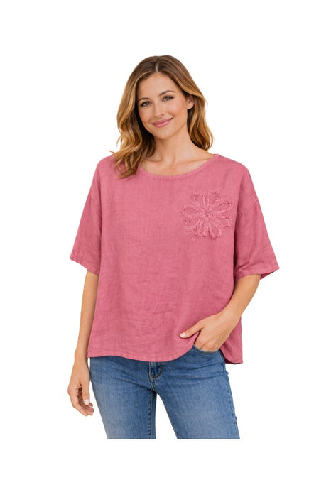 Linen top with flower raspberry monochrome - One Size
