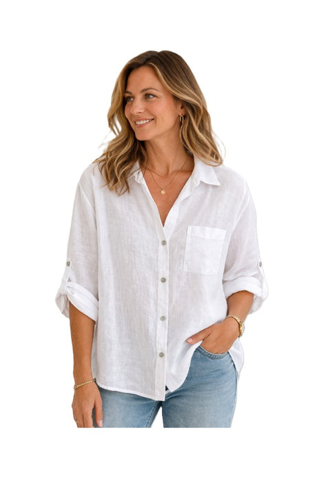 Linen blouse long-sleeve white - One Size
