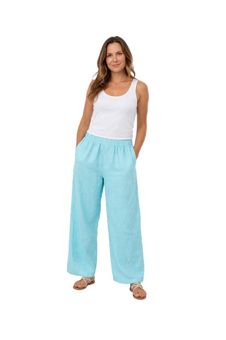 Linen trousers with elasticated waistband turquoise - One Size