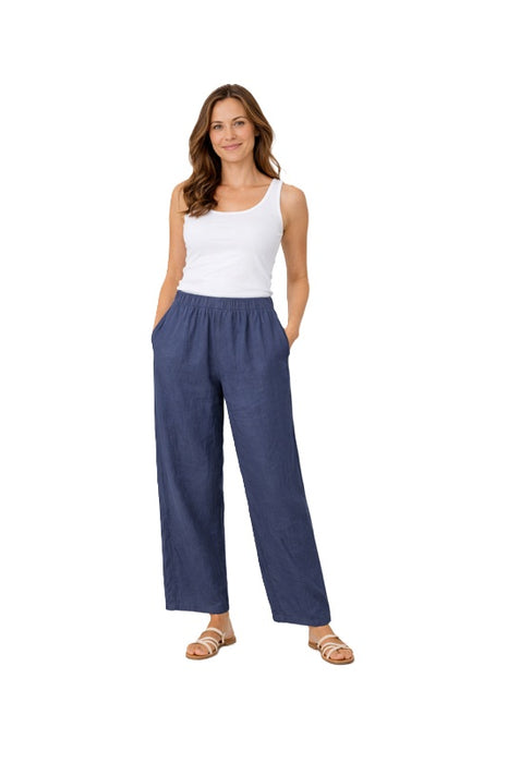 Linen Trousers with Elastic Waistband Navy Blue - One Size