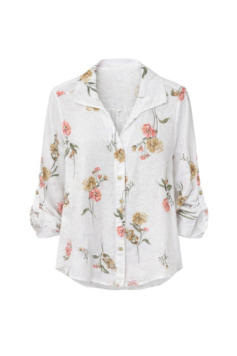 Long-sleeved linen blouse white red/yellow/green floral pattern - One Size