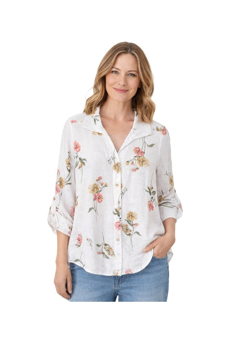 Long-sleeved linen blouse white red/yellow/green floral pattern - One Size